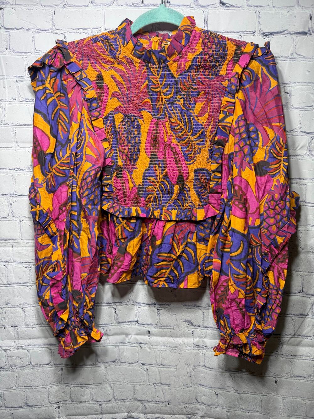 Farm Rio Fruit Dream Smocked Cotton Peplum Blouse Sz XS NWT Preppy
